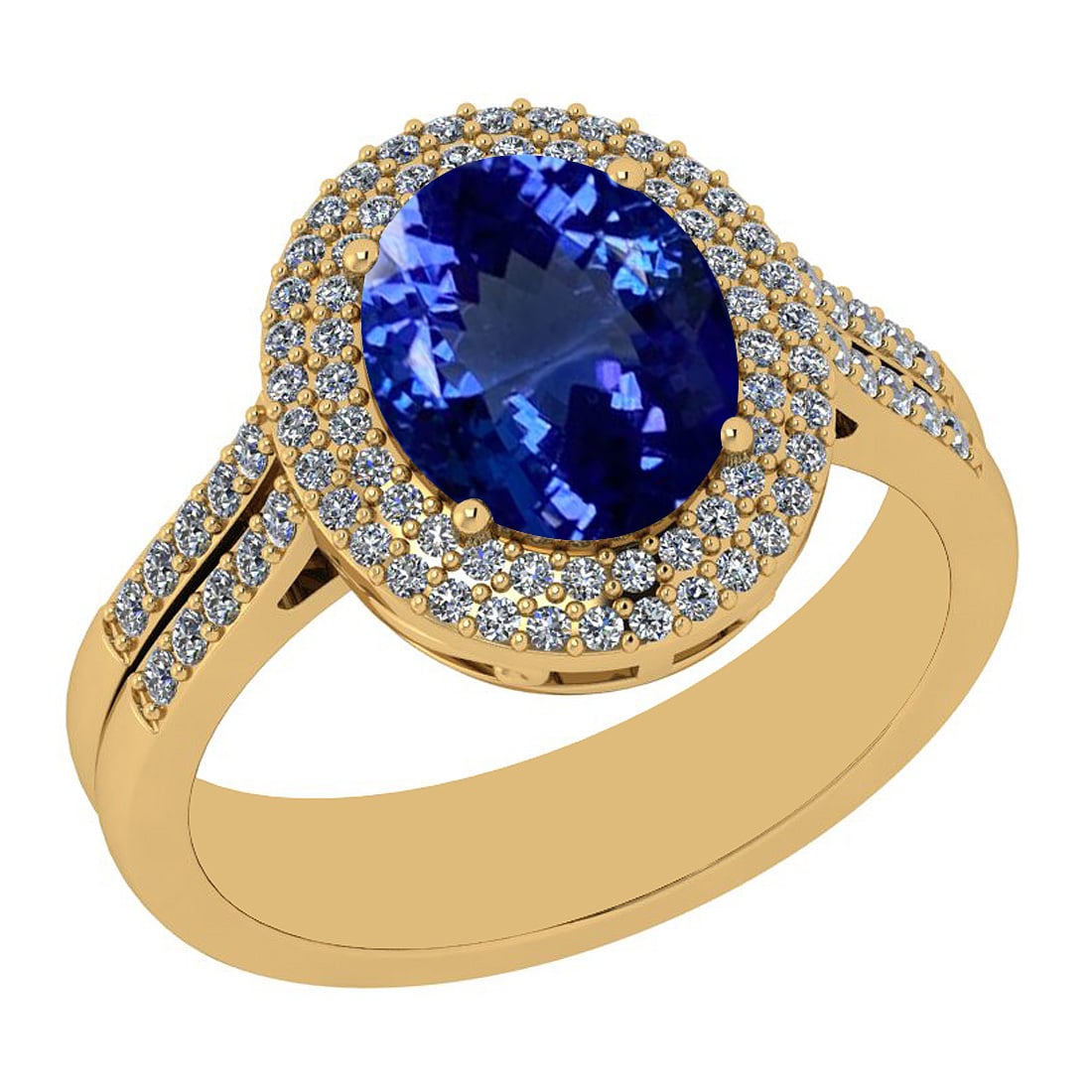 3.68 Ctw VS/SI1 Tanzanite And Diamond 14K Yellow Gold halo Ring: Center Stone Approx Weight: 3.03 Ctw (Oval Cut) Center Stone Color: Tanzanite Center Stone Setting: Prong Side Stone 0.65 Ctw Side Stone Color: H-I Stone Clarity: VS/SI1 Stone Setting: Prong Metal App