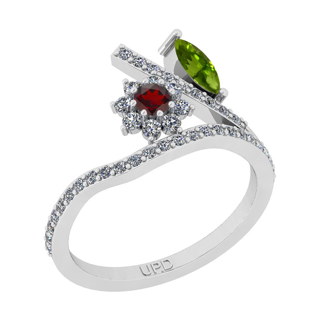 0.56 Ctw I2/I3 Multi Stone And Diamond 10K White Gold Ring: Multi Stone Weight : 0.35 Ctw ( Marquise& Round Cut) Multi Stone Color :-Garnet,Peridot Multi Stone Setting : Prong Side Stone Weight Of Ctw 0.51 Ctw Side Stone Color : J-K Stone Clarity : I2/I3