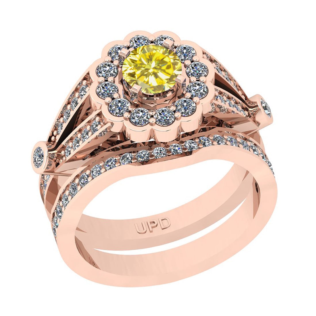 1.17 Ctw I2/I3 Treated Fancy Yellow And White Diamond 10K Rose Gold Wedding: Center Stone Weight : 0.50 Ctw (Round Cut ) Center Stone Color : Treated Fancy Yellow Diamond Center Stone Clarity : I2/I3 Center Stone Setting : Prong Side Stone Weight Of Ctw 0.67 Ctw Side Stone Col