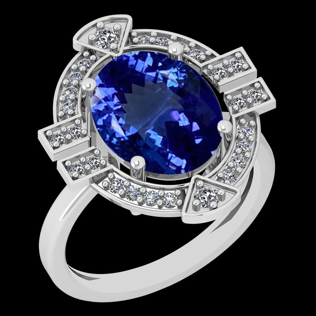5.65 Ctw VS/SI1 Tanzanite And Diamond 10K White Gold Vintage Style Ring: Color Stone Weight : 5.34 Ctw (1 Psc Oval ) Center Stone Color : Tanzanite Center Stone Setting : Prong Side Stone Weight Of Ctw 0.31 Ctw Side Stone Color : G-H Stone Clarity : VS/SI1 Stone Setting :