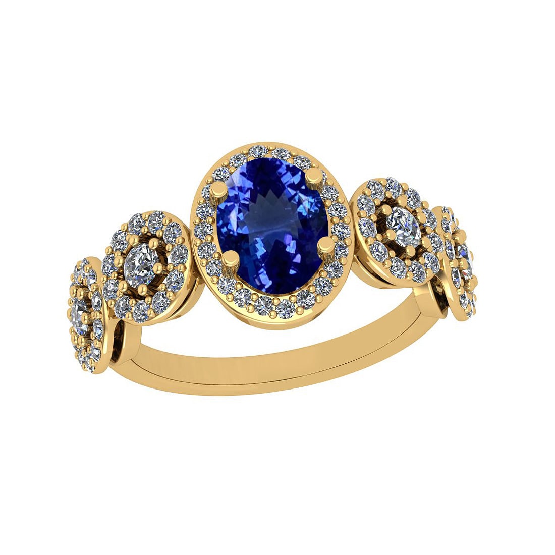3.55 Ctw VS/SI1 Tanzanite And Diamond 18K Yellow Gold Bridal Style Wedding: Center Stone Weight : 2.66 Ctw (Oval Cut) Center Stone Color :-Tanzanite Center Stone Setting : Prong Side Stone Weight Of Ctw 0.89 Ctw Side Stone Color : G-H Stone Clarity : VS/SI1 Stone Setting : Pr