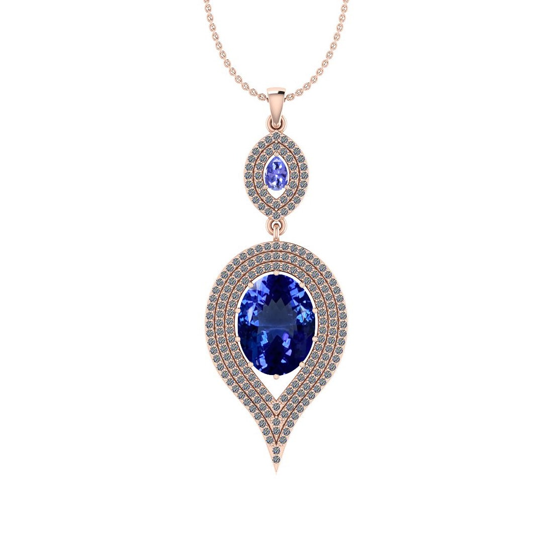 6.74 Ctw VS/SI1 Tanzanite And Diamond 18K Rose Gold Pendant Necklace: Center Stone Weight : 5.80 Ctw (Oval& Pear Cut) Center Stone Color :-Tanzanite Center Stone Setting : Prong Side Stone Weight Of Ctw 0.94 Ctw Side Stone Color : G-H Stone Clarity : VS/SI1 Stone Settin