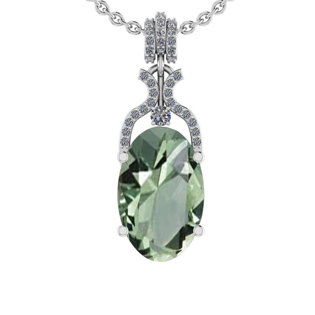 23.98 Ctw I2/I3 Green Amethyst And Diamond 10K White Gold Pendant: Center Stone Weight : 23.05 Ctw (Oval Cut ) Center Stone Color : Green Amethyst Center Stone Setting : Prong Side Stone Weight Of Ctw 0.93 Ctw Side Stone Color : J-K Stone Clarity : I2/I3 Stone Settin