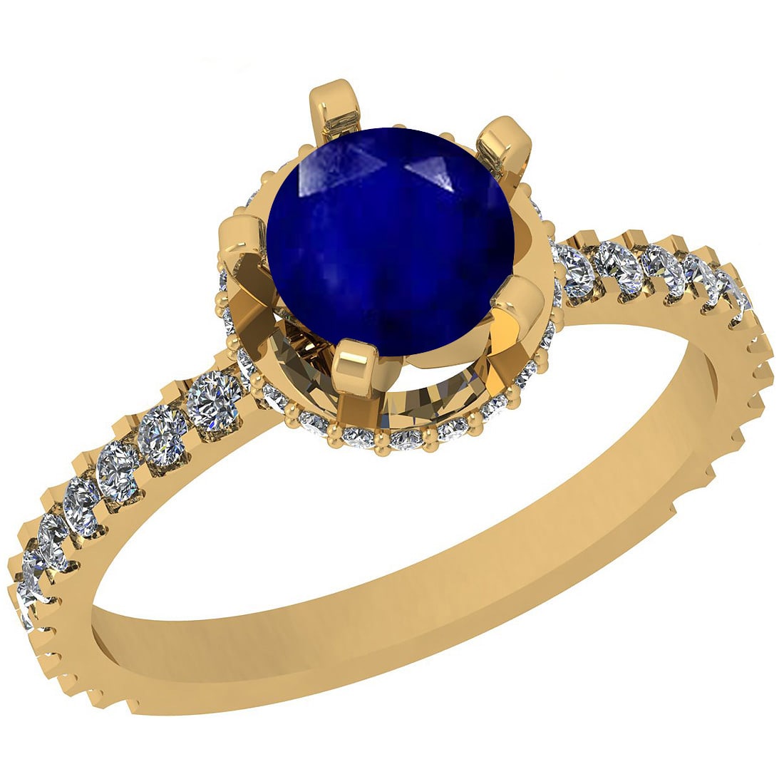 0.75 Ctw SI2/I1 Blue Sapphire And Diamond 14K Yellow Gold Ring: Center Stone Weight : 0.50 Ctw (Round cut) Center Stone Color :-Blue Sapphire Stone Setting : Prong Side Stone Weight Of Ctw 0.25 Ctw Side Stone Color : J-K Stone Clarity : SI2/I1 Stone Setting : Pron