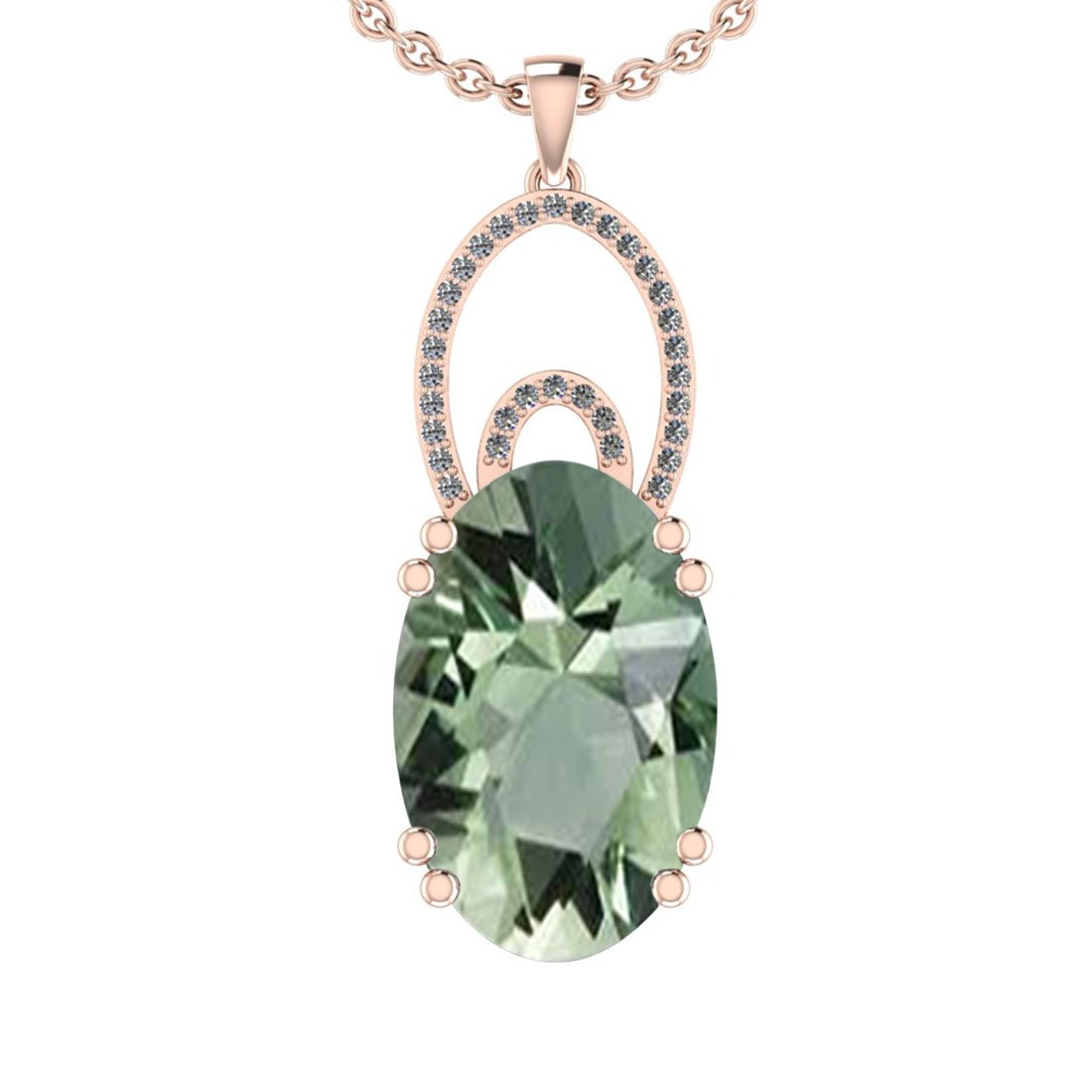 23.72 Ctw I2/I3 Green Amethyst And Diamond 10K Rose Gold Pendant: Center Stone Weight : 23.40 Ctw (Oval Cut ) Center Stone Color : Green Amethyst Center Stone Setting : Prong Side Stone Weight Of Ctw 0.32 Ctw Side Stone Color : J-K Stone Clarity : I2/I3 Stone Settin