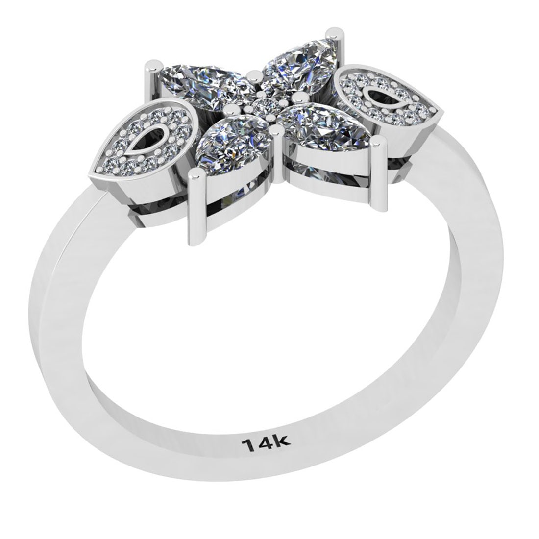 1.10 Ctw SI2/I1 Diamond 14K White Gold Ring: Center Diamond Weight : 1.00 Ctw (4 Pec Pear Cut) Center Diamond Color : J-K Center Stone Setting : Prong Center Stone Clarity : SI2/I1 Side Stone Weight Of Ctw 0.10 Ctw Side Stone Color : J-K Stone C