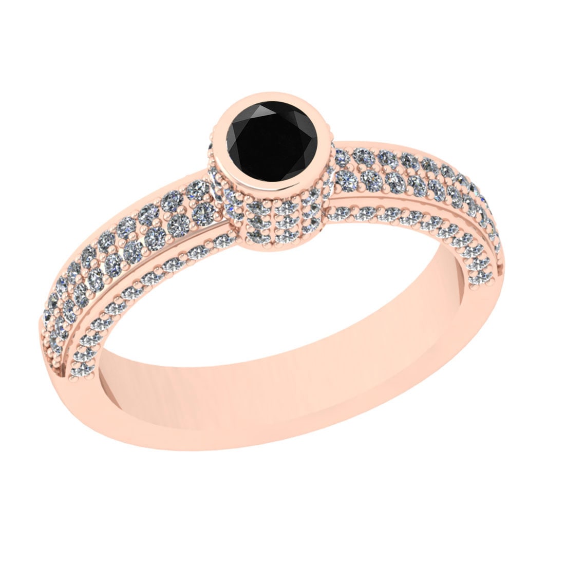 0.92 Ctw I2/I3 Treated Fancy Black And White Diamond 14K Rose Gold Vintage: Center Stone Weight : 0.25 Ctw (Round Cut ) Center Stone Color : Treated Fancy Black Diamond Center Stone Clarity : I2/I3 Center Stone Setting : Prong Side Stone Weight Of Ctw 0.67 Ctw Side Stone Colo