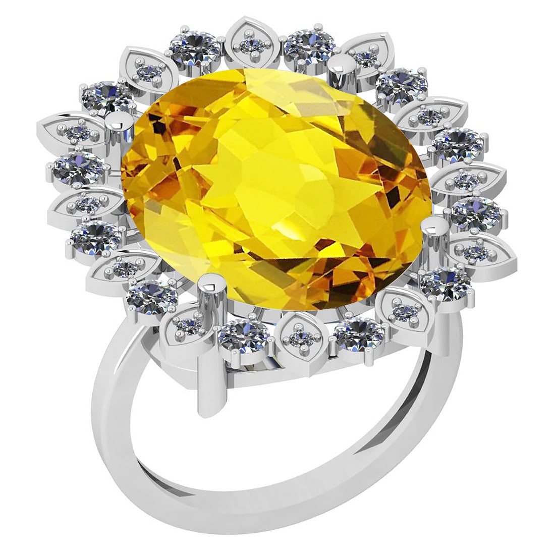 18.55 Ctw I2/I3 Lemon Topaz And Diamond 14k White Gold Engagement Halo Ring: Center Stone Weight : 17.50 Ctw (1 Psc Oval Cut ) Center Stone Color : Lemon Topaz Center Stone Setting : Prong Side Stone Weight Of Ctw 1.05 Ctw Side Stone Color : J-K Stone Clarity : I2/I3 Stone Set