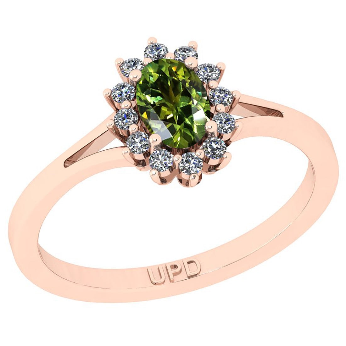 0.64 Ctw I2/I3 Green Sapphire And Diamond 10K Rose Gold Promises Ring: Center Stone Weight : 0.50 Ctw ( Oval Cut) Center Stone Color :-Green Sapphire Stone Setting : Prong Side Stone Weight Of Ctw 0.14 Ctw Side Stone Color : J-K Stone Clarity : I2/I3 Stone Setting : Pron