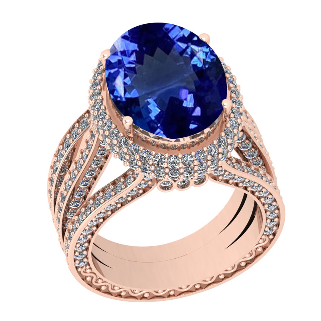 8.56 Ctw SI2/I1 Tanzanite And Diamond 14K Rose Gold Vintage Style Wedding R: Color Stone Weight : 6.42 Ctw (Oval Cut ) Center Stone Color : Tanzanite Center Stone Setting : Prong Side Stone Weight Of Ctw 2.14 Ctw Side Stone Color : J-K Stone Clarity : SI2/I1 Stone Setting : Pr