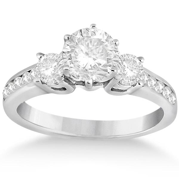 Three-Stone Diamond Engagement Ring with Sidestones in 18k White Gold 1.45: CENTER STONE; DIAMOND (1.00 CTW) CENTER STONE CLARITY; SI1-SI2 CENTER STONE COLOR G-H; CENTER STONE SETTING; SIDE STONE CLARITY; SI1-SI2,SI1-SI2 SIDE STONE COLOR; J-K,J-K SIDE STONE SETTING; Prong,Cha