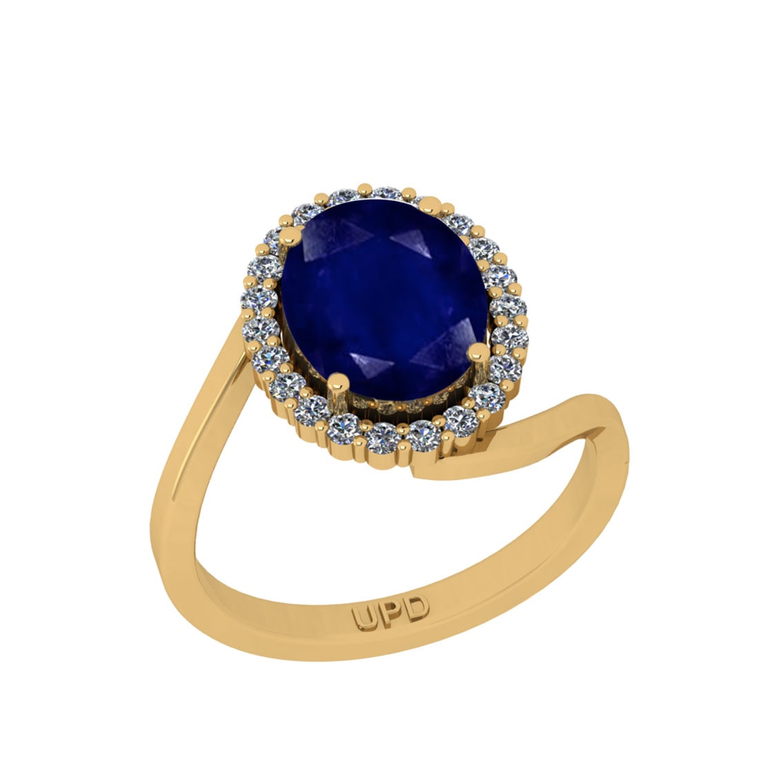 2.80 Ctw I2/I3 Blue Sapphire And Diamond 14K Yellow Gold Engagement Halo Ri: Center Stone Weight : 2.50 Ctw ( Oval Cut ) Center Stone Color :-Blue Sapphire Center Stone Setting : Prong Side Stone Weight Of Ctw 0.30 Ctw Side Stone Color : J-K Stone Clarity : I2/I3 Stone Setting