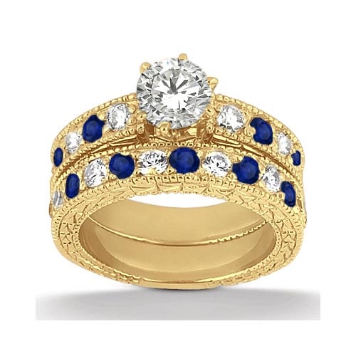 Antique style Diamond and Blue Sapphire Bridal Set 14k Yellow Gold 1.80ctw: CENTER STONE; 1.00 Ctw Diamond CENTER STONE CLARITY; Eye Clean#SI1-SI2 CENTER STONE COLOR; Blue,J-K CENTER STONE SETTING; Pave,Pave SIDE STONE CLARITY; SIDE STONE COLOR; SIDE STONE SETTING; 0.80ctw OF