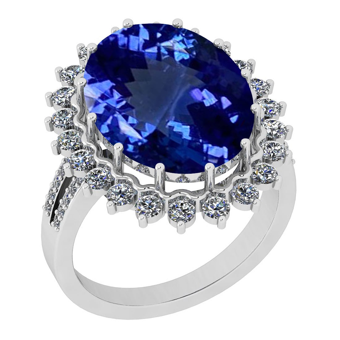 9.27 Ctw VS/SI1 Tanzanite And Diamond 18K White Gold Victorian Style Engage: Center Stone Weight : 8.32 Ctw (Oval Cut) Center Stone Color :-Tanzanite Center Stone Setting : Prong Side Stone Weight Of Ctw 0.95 Ctw Side Stone Color : G-H Stone Clarity : VS/SI1 Stone Setting : Pr