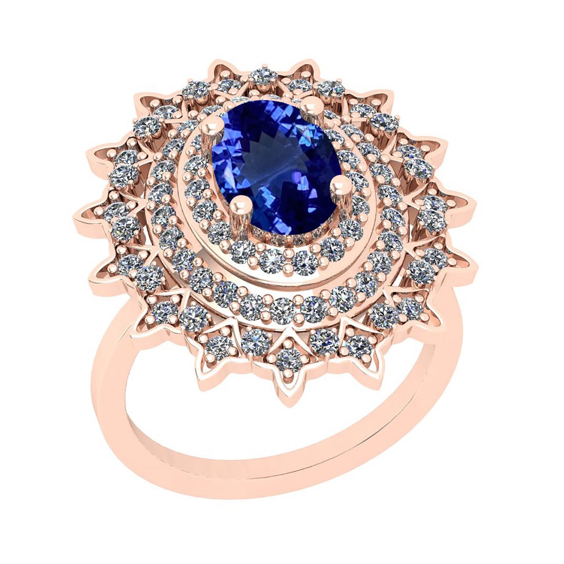 7.80 Ctw VS/SI1 Tanzanite And Diamond 18K Rose Gold Vintage Style Wedding R: Center Stone Weight : 5.65 Ctw (Oval Cut) Center Stone Color :-Tanzanite Center Stone Setting : Prong Side Stone Weight Of Ctw 2.15 Ctw Side Stone Color : G-H Stone Clarity : VS/SI1 Stone Setting : Pr