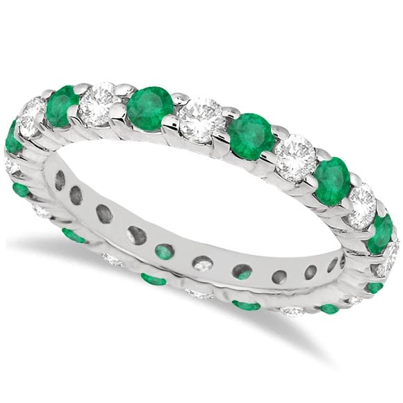 Eternity Diamond and Emerald Ring Band 14k White Gold 2.35ctw: CENTER STONE; Emerald CENTER STONE CLARITY; CENTER STONE COLOR; Green CENTER STONE SETTING; Prong SIDE STONE CLARITY; SI SIDE STONE COLOR; J-K SIDE STONE SETTING; Prong ctw OF SIDE STONE: 1 SIDE