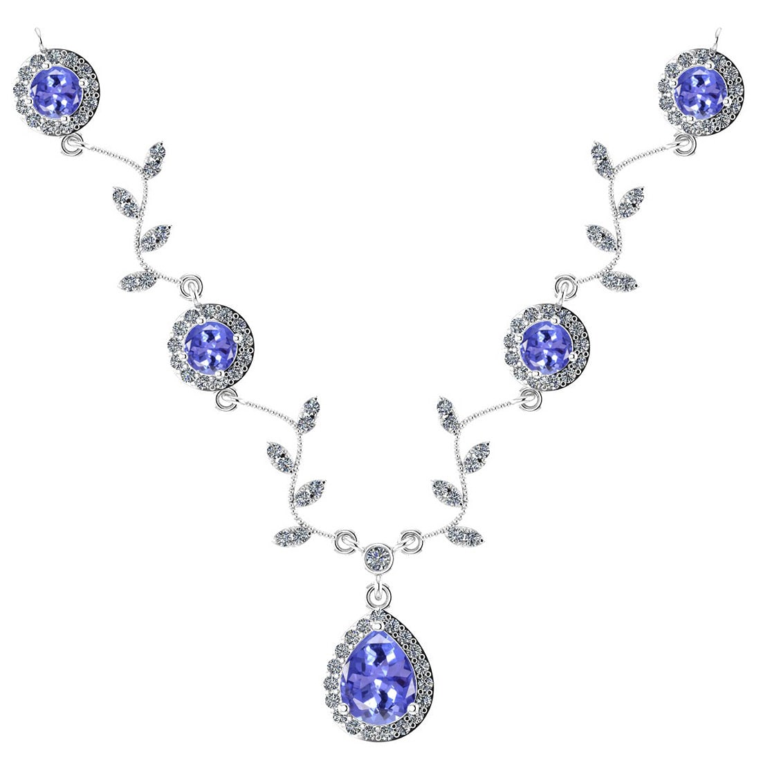 Certified 12.79 Ctw SI2/I1 Tanzanite And Diamond 14K White Necklace: Center Stone Weight: 10.12 Ctw (Pear & Round Cut) Center Stone Color: Tanzanite Center Stone Setting: Prong Side Stone 2.67 Ctw Side Stone Color: G-H Stone Clarity: SI2/I1 Stone Setting: Prong Metal