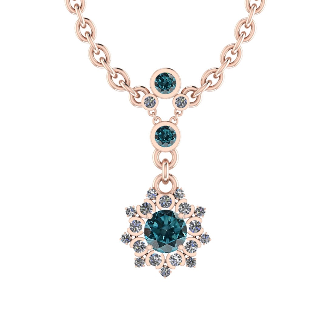 0.94 Ctw i2/i3 Treated fancy blue Diamond 14K Rose Gold Pendant Necklace: Center Stone Weight : 0.74 Ctw ( Round Cut ) Center Stone Color :- Treated fancy blue Diamond Center Clarity : I2/I3 Center Stone Setting : Prong Side Stone Weight Of Ctw 0.20 Ctw Side Stone Color :