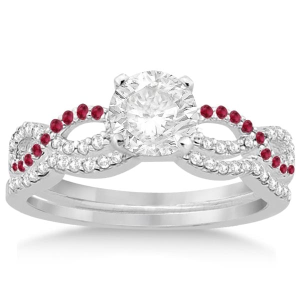 Infinity Diamond and Ruby Engagement Ring Set 14K White Gold 134ctw: CENTER STONE; Diamond (1.00 CTW) ,Ruby CENTER STONE CLARITY; SI1-SI2#Eye Clean CENTER STONE COLOR; J-K,Red CENTER STONE SETTING; Micro Pave,Micro Pave SIDE STONE CLARITY; SIDE STONE COLOR; SIDE STONE
