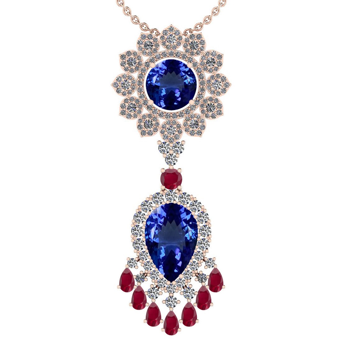 Certified 15.49 Ctw VS/SI1 Tanzanite,RUBY And Diamond 14K Rose Gold Vintage: Center Stone Approx Weight: 10.57 Ctw (Pear& Round Cut) Center Stone Color: Tanzanite Center Stone Setting: Prong Color Stone Weight: 2.00 ctw stone Color: Ruby Setting: Prong Side Stone 2.92 Ctw Side