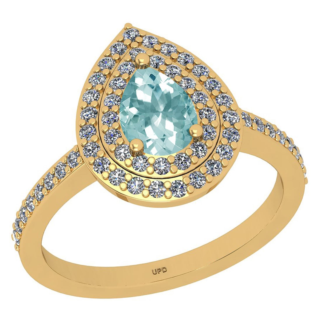 1.17 Ctw SI2/I1 Aquamarine And Diamond 14k Yellow Gold Ring: Center Stone Weight : 0.60 Ctw (Pear Cut) Center Stone Color :-Aquamarine Center Stone Setting : Prong Side Stone Weight Of Ctw 0.57 Ctw Side Stone Color : J-K Stone Clarity : SI2/I1 Stone Setting : P