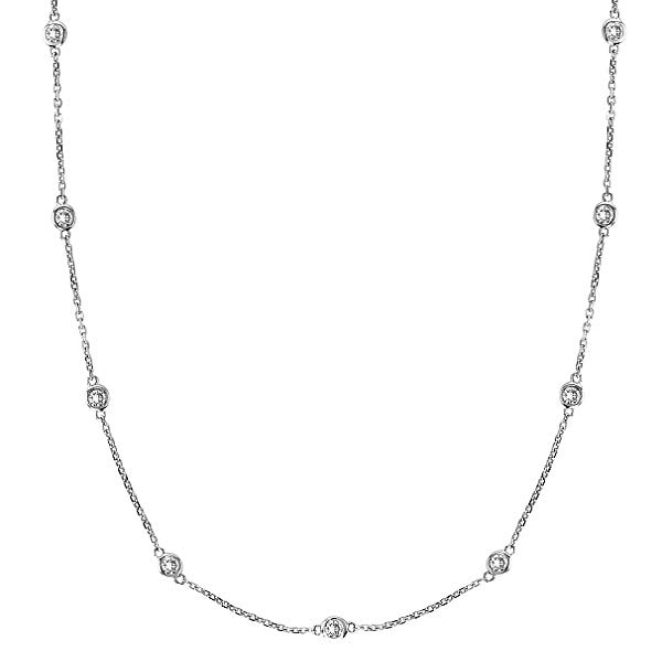 Station Bezel-Set Necklace in 14k White Gold (1.00ctw): METAL TYPE: 14k White Gold ;TOTAL CARAT WEIGHT: 1 ;NAME OF CENTER STONE: Diamond ;CENTER STONE SHAPE: Round ;CENTER STONE CLARITY: SI ;CENTER STONE COLOR: G-h ;CENTER STONE SETTING: Bezel ;CENTER STON
