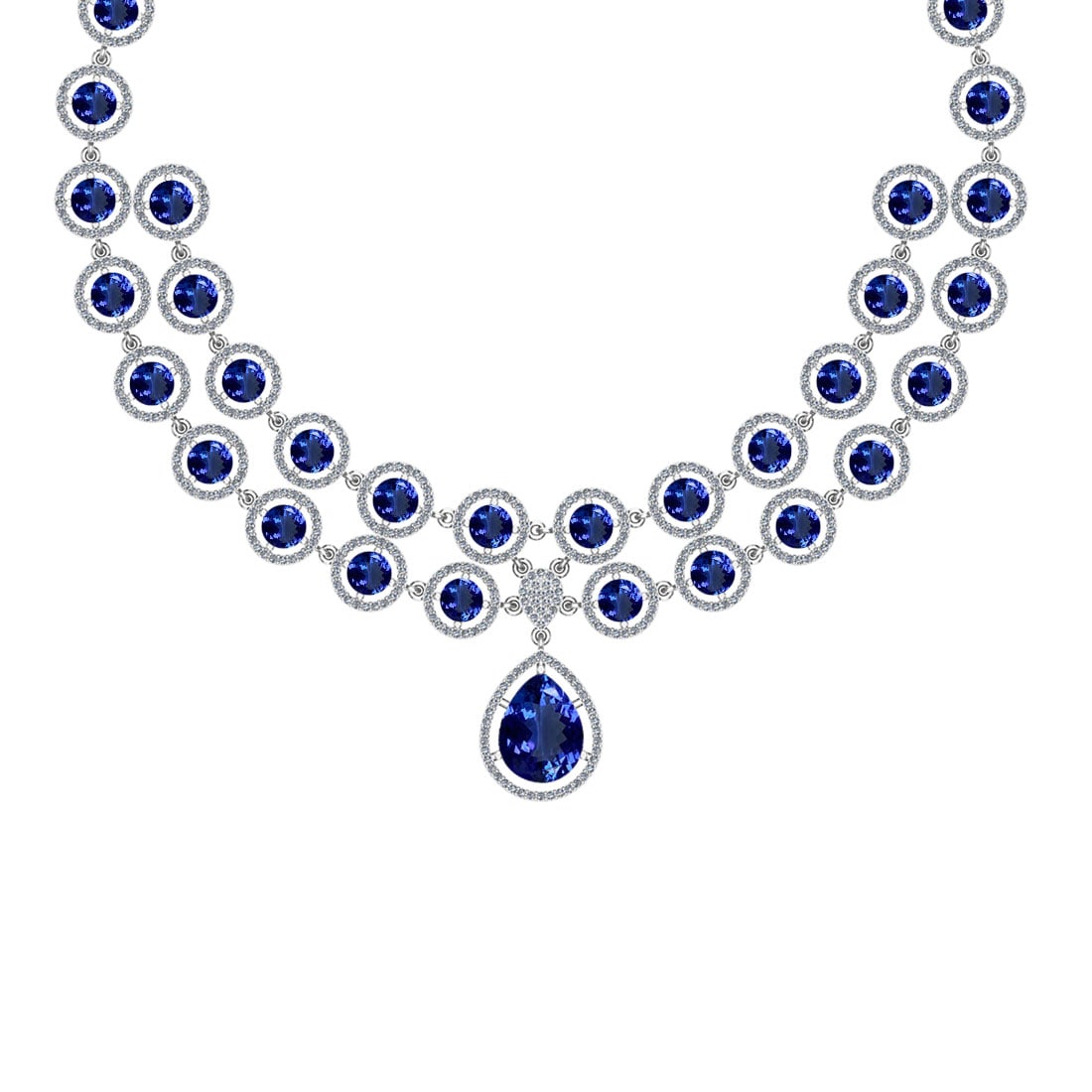 42.29 Ctw SI2/I1 Tanzanite And Diamond 14K White Gold Necklace: Color Stone Weight : 38.46 Ctw (Pear & Round Cut ) Center Stone Color : Tanzanite Center Stone Setting : Prong Side Stone Weight Of Ctw 3.83 Ctw Side Stone Color : J-K Stone Clarity : SI2/I1 Stone