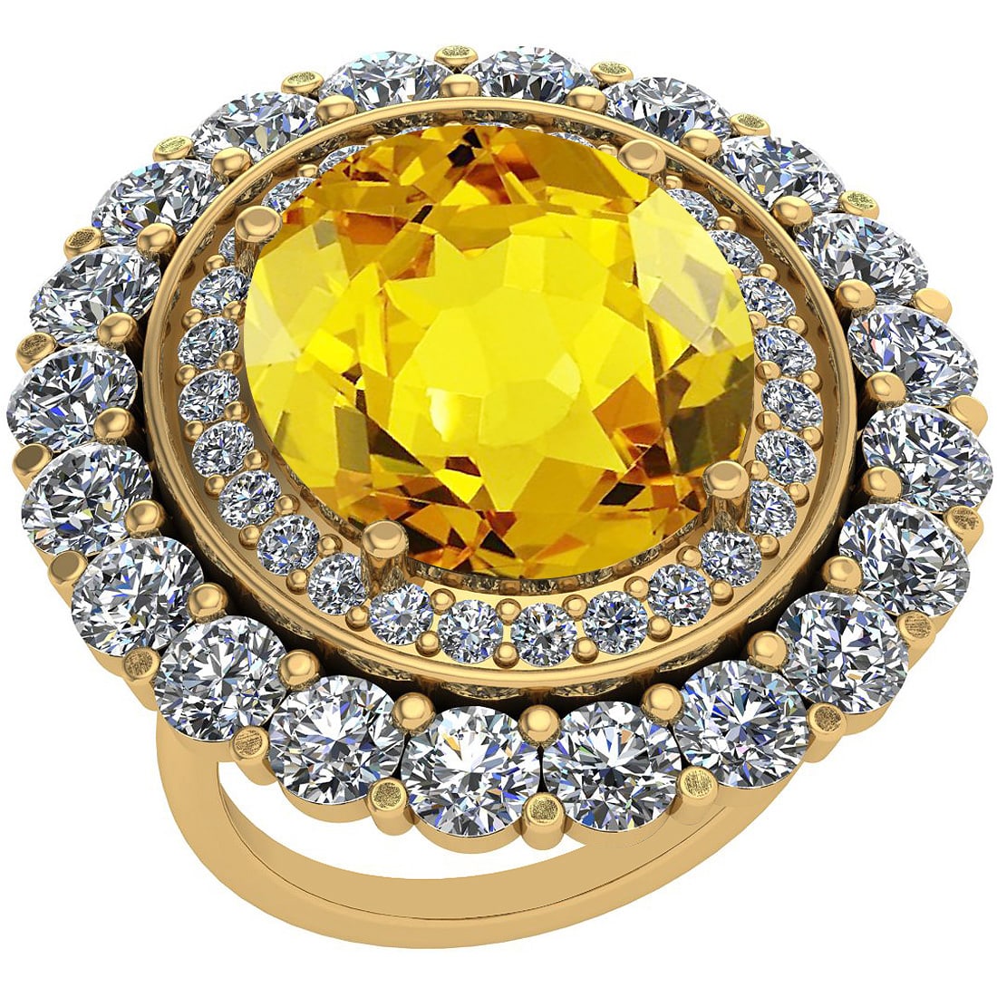 20.91 Ctw I2/I3 Lemon Topaz And Diamond 14k Yellow Gold Engagement Halo Rin: Center Stone Weight : 18.15 Ctw (1 Psc Oval Cut ) Center Stone Color : Lemon Topaz Center Stone Setting : Prong Side Stone Weight Of Ctw 2.76 Ctw Side Stone Color : J-K Stone Clarity : I2/I3 Stone Set