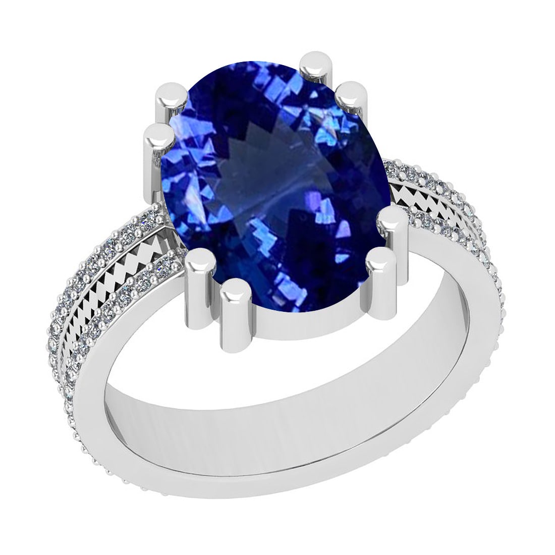 5.94 Ctw VS/SI1 Tanzanite And Diamond 18K White Gold Engagement Ring: Center Stone Weight : 5.58 Ctw (Oval Cut) Center Stone Color :-Tanzanite Center Stone Setting : Prong Side Stone Weight Of Ctw 0.36 Ctw Side Stone Color : G-H Stone Clarity : VS/SI1 Stone Setting : Pr