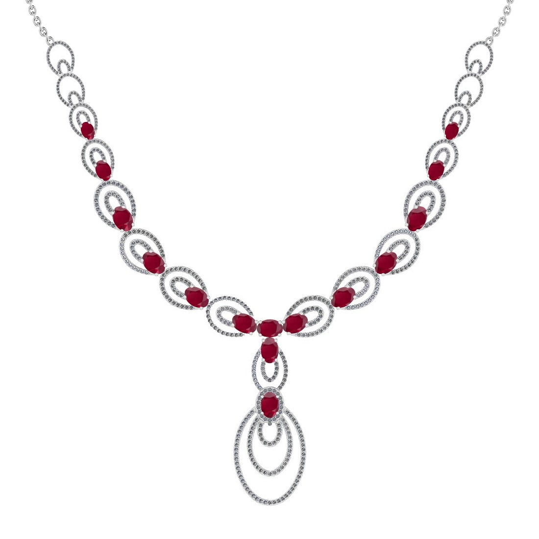 23.80 Ctw SI2/I1 Ruby And Diamond 14K White Gold Victorian Style Necklace: Color Stone Weight : 20.75 Ctw ( 15 Psc Oval Cut ) Center Stone Color :-Ruby Center Stone Setting : Prong Side Stone Weight Of Ctw 3.05 Ctw Side Stone Color : G-H Stone Clarity : SI2/I1 Stone Setting