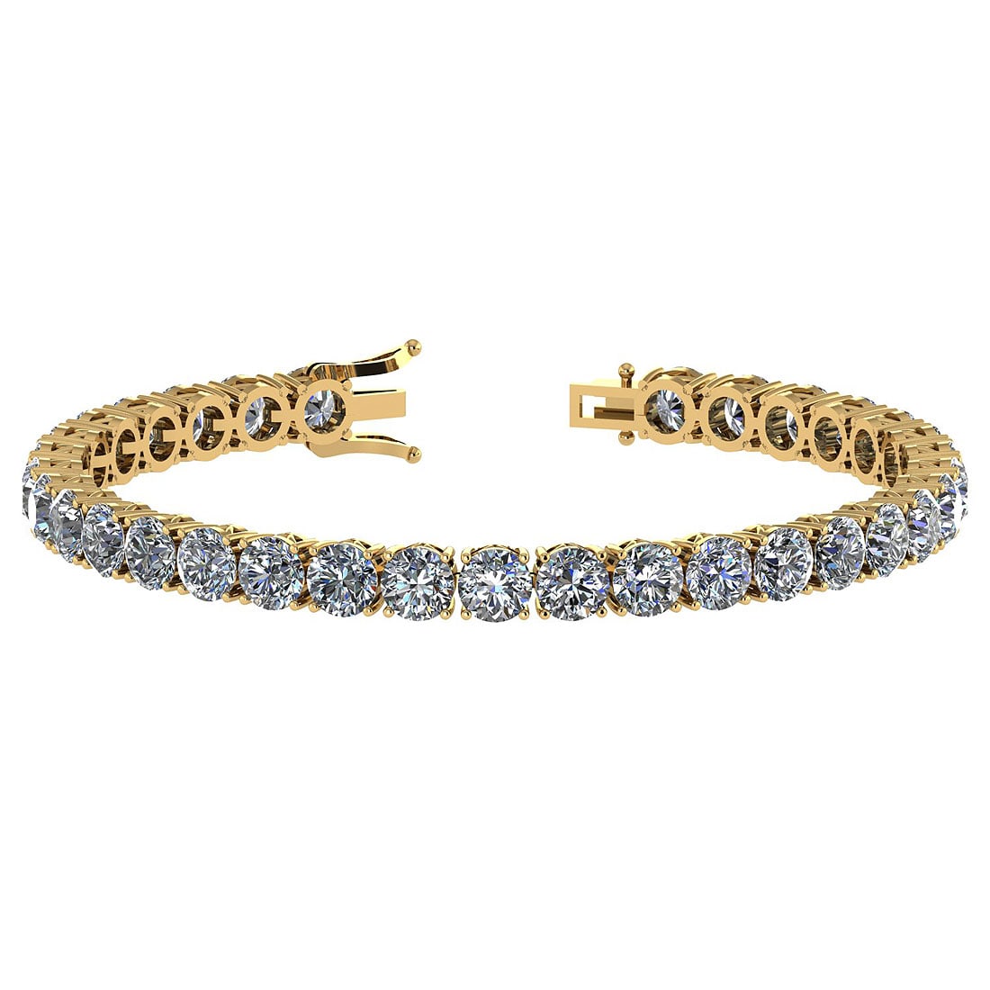 14.85 Ctw SI2/I1 Diamond Ladies Fashion 18K Yellow Gold Tennis Bracelet: Diamond Stone Weight ; 14.85 Ctw ( Round Cut) Diamond Stone Color : White J-KDiamond Stone Clarity : SI2/I1 Center Stone Setting : Prong Metal Weight : Approx 11.80 Gram 18K Yellow Gold Tennis