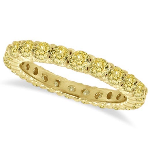 Fancy Yellow Diamond Eternity Ring Anniversary Band 14k Gold 1.07ctw: CENTER STONE; Diamond CENTER STONE CLARITY; SI CENTER STONE COLOR; Yellow CENTER STONE SETTING; Prong SIDE STONE CLARITY; SIDE STONE COLOR; SIDE STONE SETTING; ctw OF SIDE STONE: SIDE STONE QUALITY; #