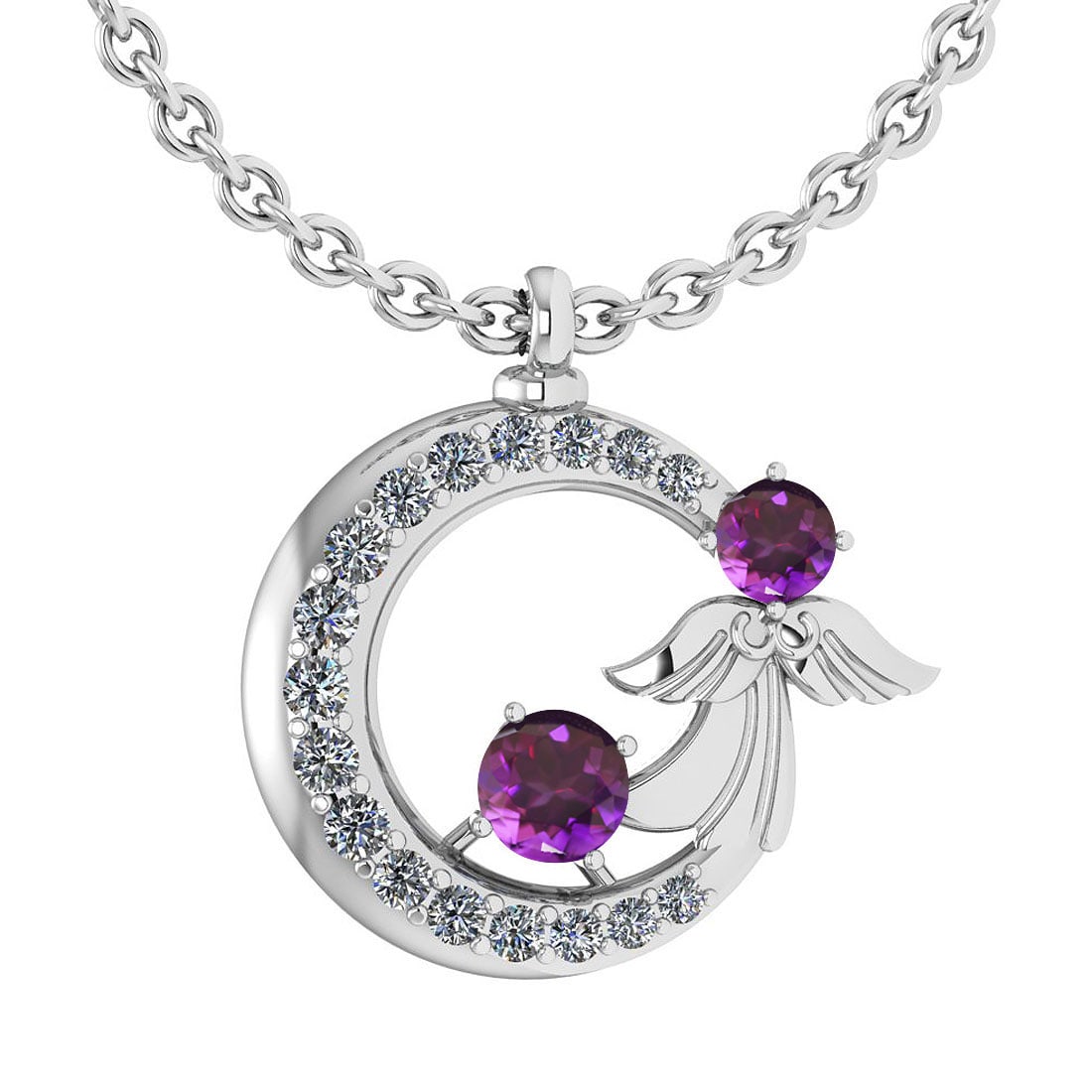 Certified 1.14 Ctw Amethyst And Diamond Tiny Angel Necklace For womens New: Center Stone Approx Weight ; 0.68 Ctw (2 Pcs Round) Center Stone Color: Amethyst Center Stone Setting: Prong Side Stone Weight: 0.46 Ctw (17 Pcs Round Cut Diamond) Side Stone Color: White G-H Diamond