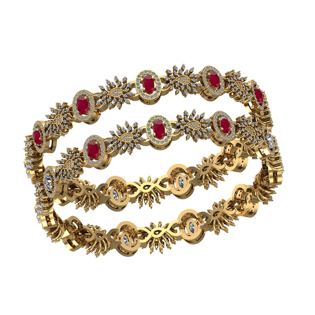 10.28 Ctw SI2/I1 Ruby And Diamond 14K Yellow Gold Bangle: Center Stone Weight : 5.50 Ctw ( Oval Cut ) Center Stone Color : Ruby Center Stone Setting : Prong Side Stone Weight Of Ctw 4.78 Ctw Side Stone Color : White J-K Diamond Stone Clarity : SI2/I1 Stone