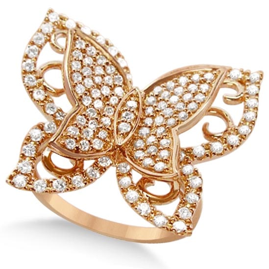 Contemporary Butterfly Shaped Diamond Ring 14k Rose Gold 1.00ctw: CENTER STONE; Diamond CENTER STONE CLARITY; SI1-SI2 CENTER STONE COLOR; J-K CENTER STONE SETTING; Micro Pave SIDE STONE CLARITY; SIDE STONE COLOR; SIDE STONE SETTING; ctw OF SIDE STONE: SIDE STONE