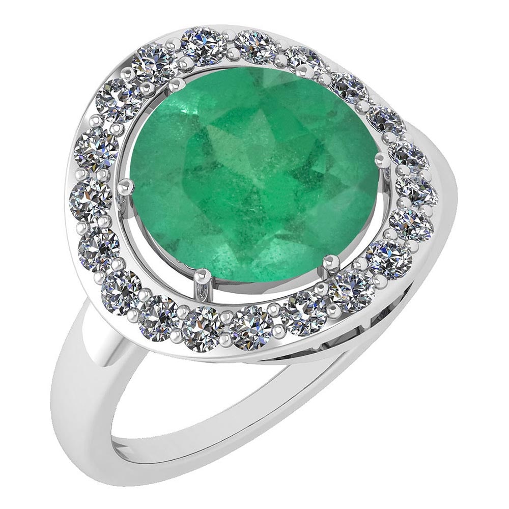 Certified 4.08 Ctw Emerald And Diamond Halo Ring 14K White Gold: Center Stone Weight Approx ; 3.50 Ctw (1 Pcs Round) Center Stone Color: Emerald Center Stone Setting ; Prong Side Stone (30 Pcs Round Cut Diamond) 0.58 ctw Side Stone Color: White G-H Diamond Side Sto