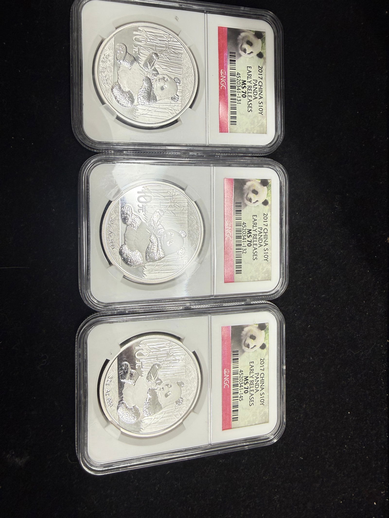 2017 Certified PCGS Panda Early Release MS70 Pure Silver Coin Early Release: 2017 Certified PCGS Panda Early Release MS70 Pure Silver Coin Early Release 3 pieces #PAPPS98351v15