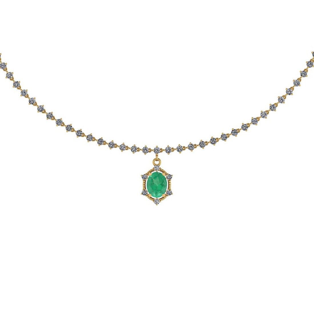 Certified 7.95 Ctw Emerald And Diamond SI2/I1 14K Yellow Gold Pendant Neckl: Center Stone Approx Weight: 2.00 Ct (1 Pcs Oval Cut) Center Stone Color: Emerald Center Stone Setting: Prong Side Stone 5.95 Ctw Side Stone Color: G-H Stone Clarity : SI2/I1 Stone Setting: Prong Metal
