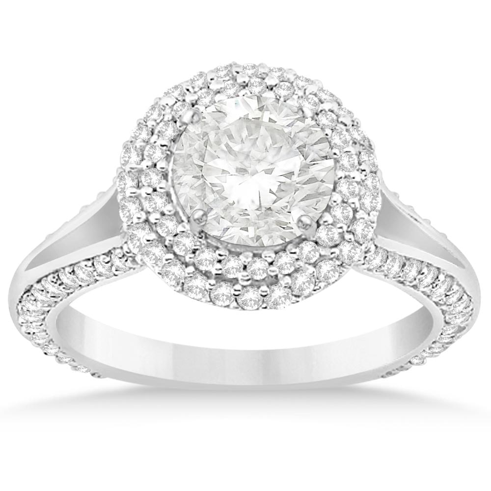 Double Halo Diamond Engagement Ring Setting 14k White Gold 2.00ctw: CENTER STONE; DIAMOND (1.00 CTW) CENTER STONE CLARITY; SI1-SI2 CENTER STONE COLOR; J-K CENTER STONE SETTING; SIDE STONE CLARITY; SI1-SI2 SIDE STONE COLOR; J-K SIDE STONE SETTING; Pave ctw OF SIDE STON
