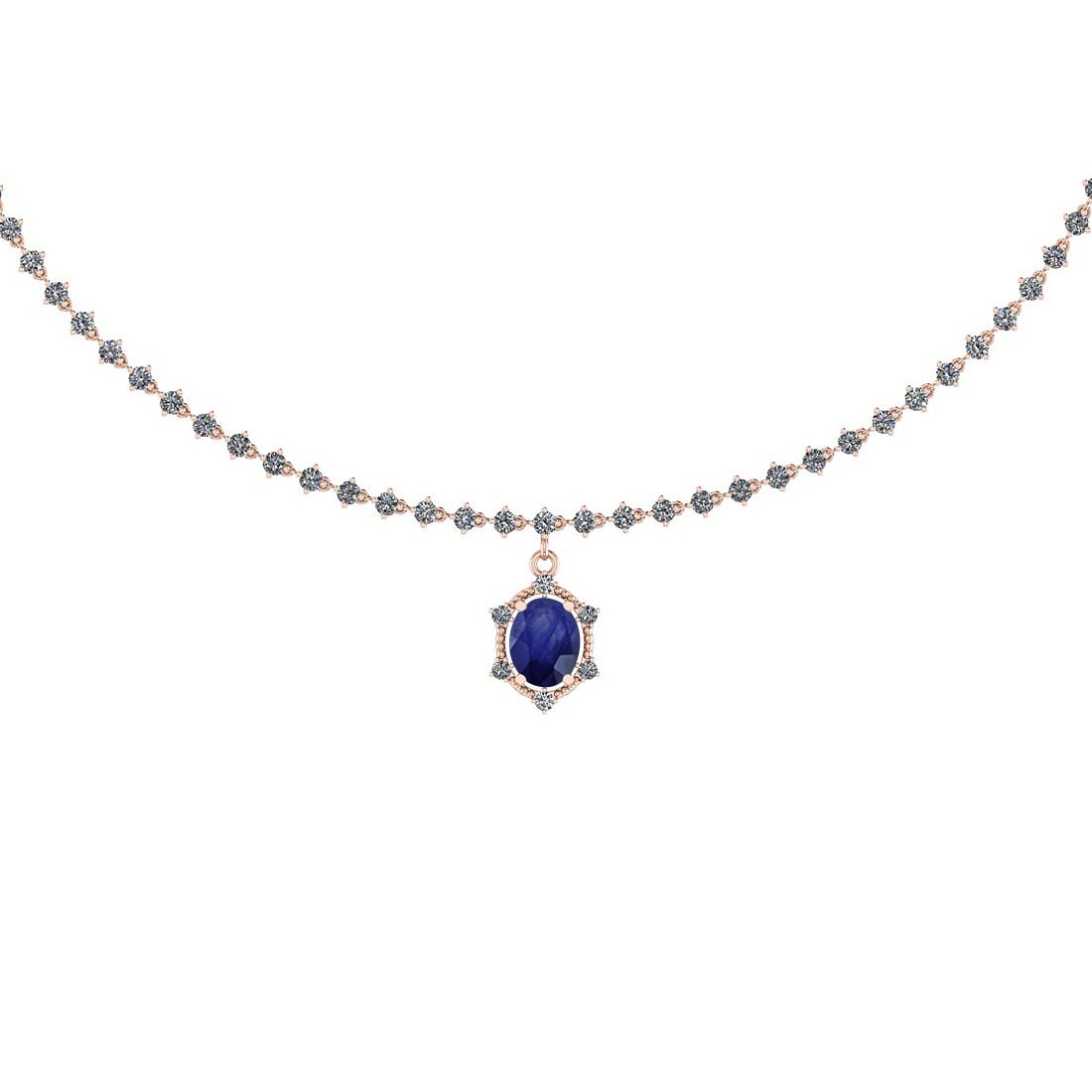 Certified 7.95 Ctw Blue Sapphire And Diamond SI2/I1 14K Rose Gold Pendant N: Center Stone Approx Weight: 2.00 Ct (1 Pcs Oval Cut) Center Stone Color: Blue Sapphire Center Stone Setting: Prong Side Stone 5.95 Ctw Side Stone Color: G-H Stone Clarity : SI2/I1 Stone Setting: Prong