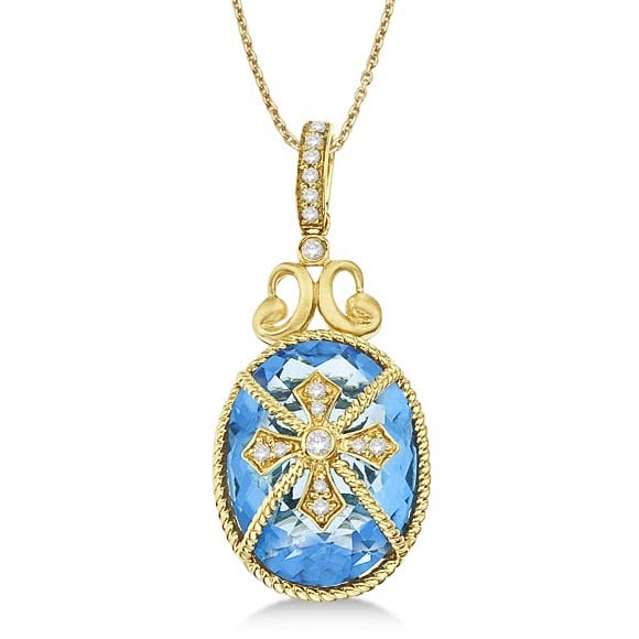 Blue Topaz and Diamond Byzantine Pendant Necklace 14k Yellow Gold 9.36ctw: CENTER STONE; Topaz CENTER STONE CLARITY; CENTER STONE COLOR; Blue CENTER STONE SETTING; Bezel SIDE STONE CLARITY; SI SIDE STONE COLOR; J-K SIDE STONE SETTING; Prong ctw OF SIDE STONE: 0.11 SIDE STONE