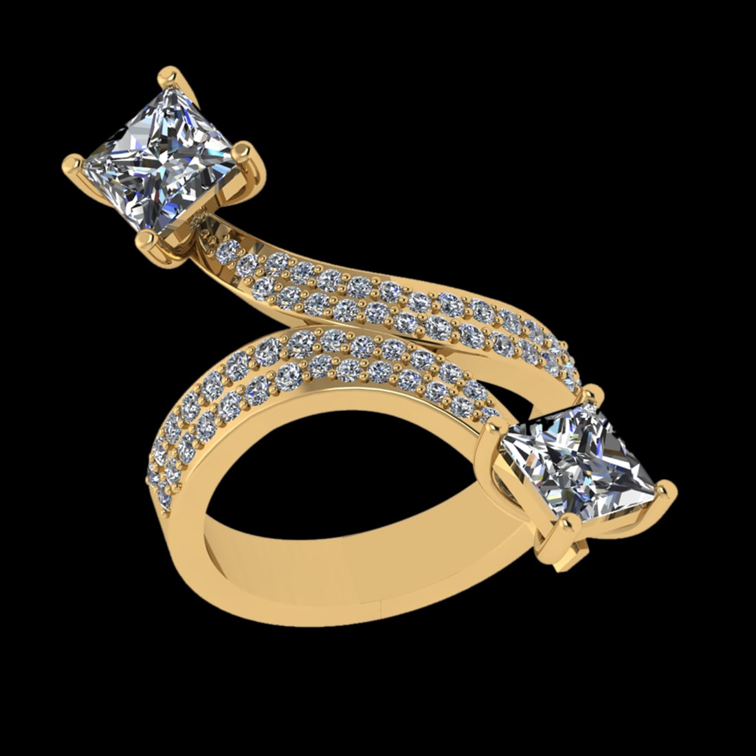2.58 Ctw SI2/I1 Diamond 18K Yellow Gold Bypass Engagement Ring: Center Diamond Weight :-: 2.00 Ctw ( Princess Cut) Color :- J-K Clarity : SI2/I1 Center Stone Setting : Prong Side Diamond Weight Of Ctw 0.58 Ctw Color : J-K Clarity : SI2/I1 Stone Setting : Prong