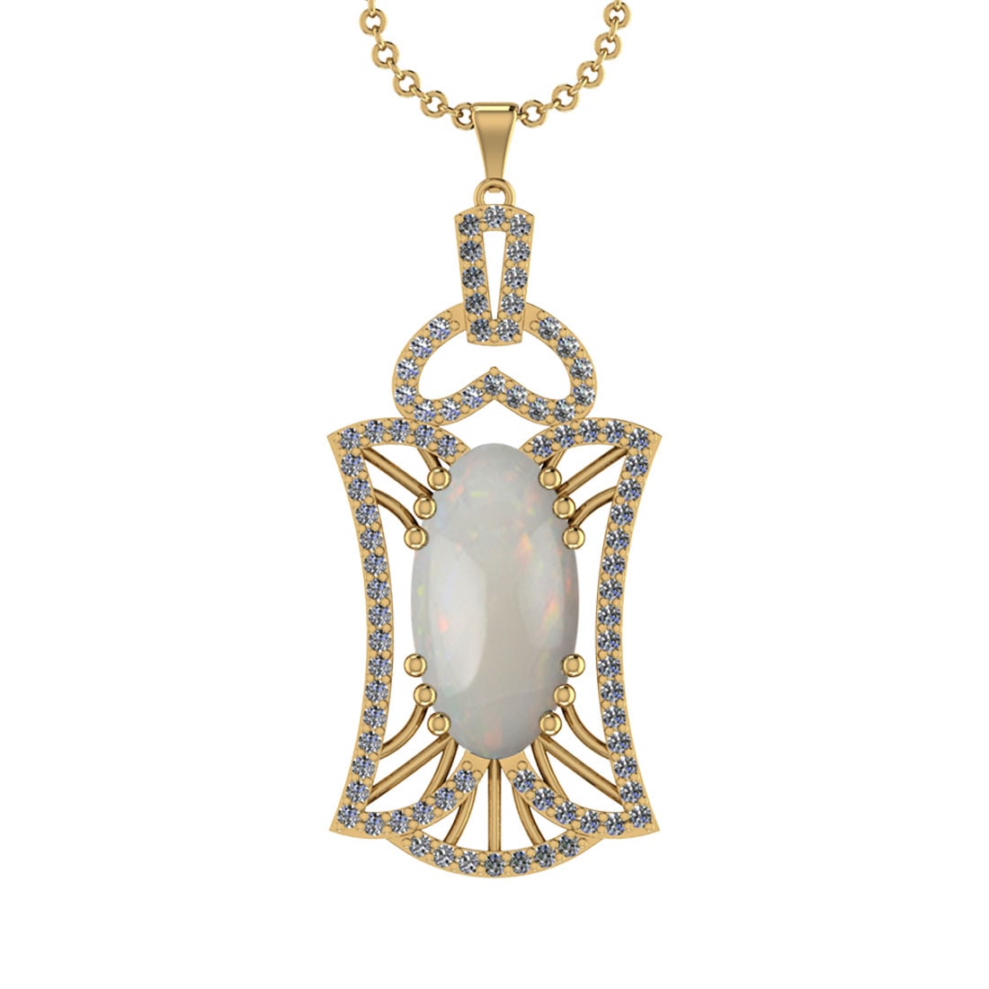 8.59 Ctw SI2/I1 Opal And Diamond 14K Yellow Gold Pendant Necklace: Center Stone Weight : 6.81 Ctw ( Oval Cab ) Center Stone Color : Opal Stone Setting : Prong Side Diamond Weight Of Ctw 1.78 Ctw Side Stone Color : J-K Stone Clarity : SI2/I1 Stone Setting : Prong