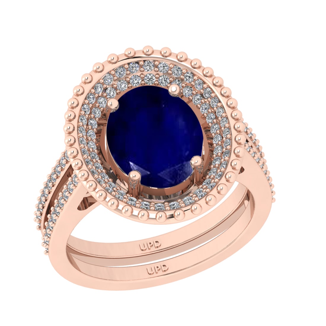 3.04 Ctw I2/I3 Blue Sapphire And Diamond 14K Rose Gold Engagement Ring: Center Stone Weight : 2.50 Ctw ( Oval Cut ) Center Stone Color : Blue Sapphire Stone Setting : Prong Side Diamond Weight Of Ctw 0.54 Ctw Side Stone Color : J-K Stone Clarity : SI2/I1 Stone Setting : P