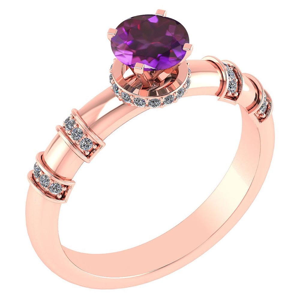 Certified .96 Ctw Genuine Amethyst And Diamond 14k Rose Gold Engagement Rin: Center Stone Weight ; .80 Ctw ( 1Pcs Round) Center Stone Color : Amethyst Center Stone Setting ; Prong Side Stone (1.00mm 32 Pcs Round Cut Diamond ) .16 ctw Side Stone Color : White G-H Diamond Side