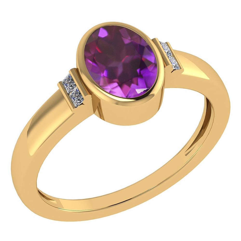 Certified 1.28 Ctw Amethyst And Diamond 18k Yellow Gold Ring (G-H VS/SI1): Center Stone Weight ; 1.25 Ctw (1 Pcs Oval) Center Stone Color :Amethyst Center Stone Setting ; Prong Side Stone (1.6 mm 4Pcs Princess Diamond) 0.06 ctw Side Stone Color: White G-H Diamond Side Stone