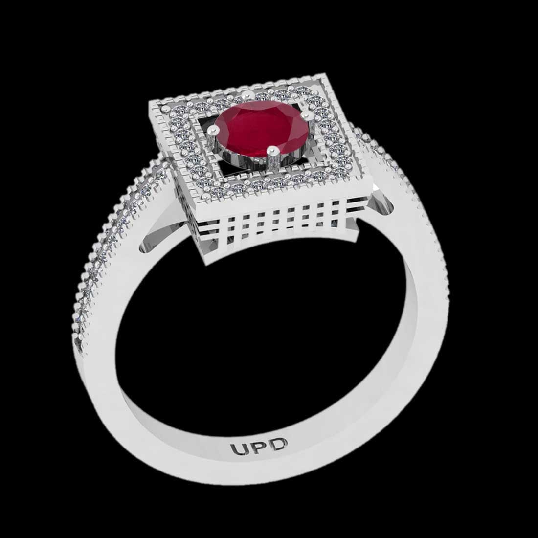 0.83 Ctw VS/SI1 Ruby And Diamond Prong Set 14K White Gold Vintage Style Rin: Center Stone Weight : 0.60 Ctw ( Round Cut) Center stone Color :- Ruby Center Stone Setting : Prong Side Stone Weight Of Ctw 0.23 Ctw Side Stone Color : J-K Stone Clarity :VS/SI1 Stone Setting : Prong