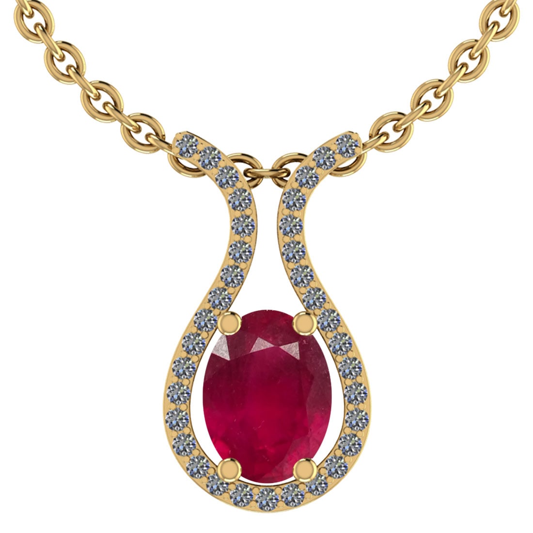 17.07 CtwSI2/I1 Ruby And Diamond 14K Yellow Gold Pendant Necklace: Center Stone Weight : 13.57 Ctw ( Oval Cut ) Center Stone Color : Ruby Stone Setting : Prong Side Diamond Weight Of Ctw 3.50 Ctw Side Stone Color : J-K Stone Clarity :SI2/I1 Stone Setting : Prong