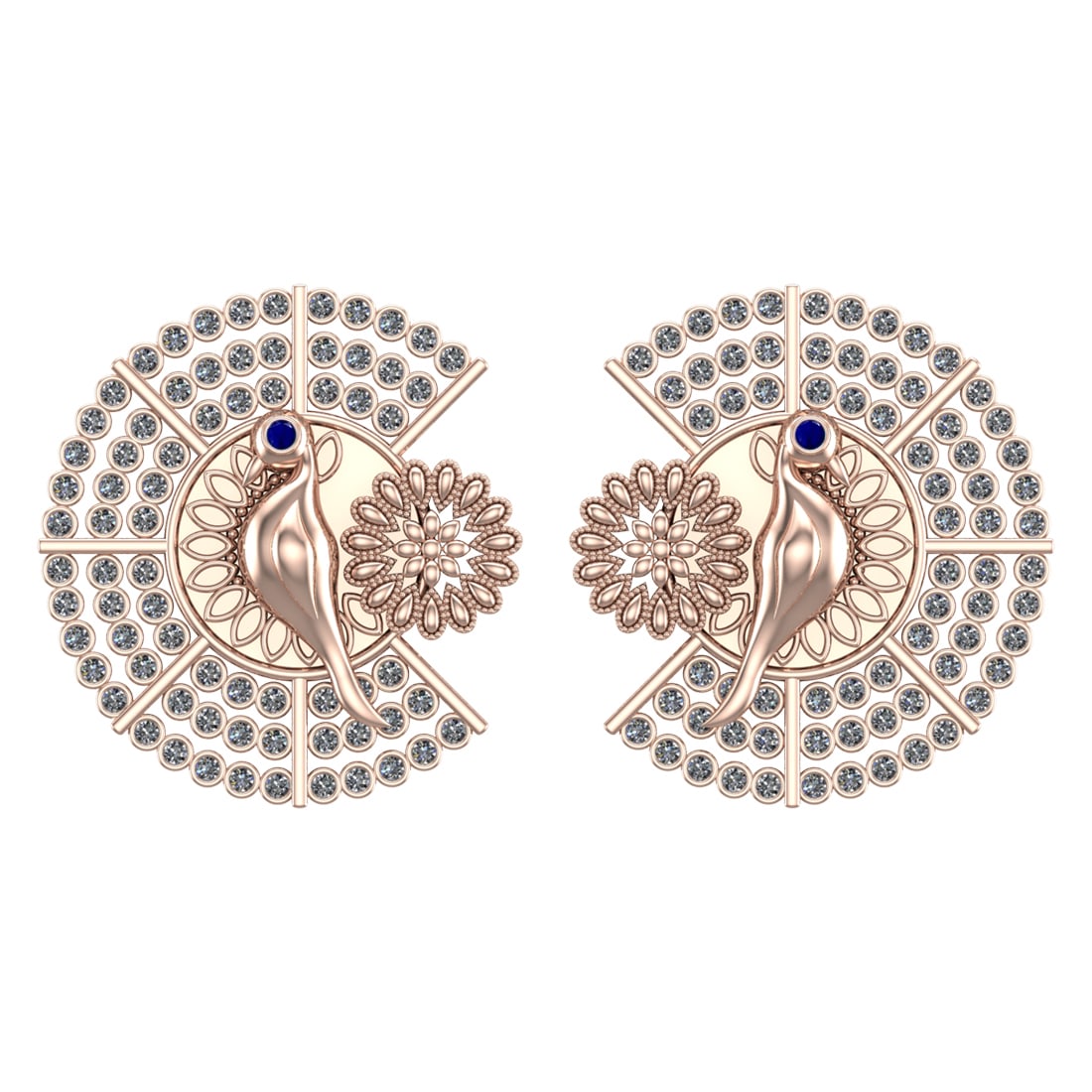 2.10 Ctw SI2/I1 Blue Sapphire and Diamond 14K Rose Gold Little Birds Stud E: Eye Stone Weight :-0.02 ctw Eye stone Color :- Blue Sapphire Setting : Prong Side Weight Of Ctw 2.08 Ctw Color : J-K Clarity : SI2/I1 Stone Setting : Prong Metal Weight : Approx 17.50 gram 14K Rose Go