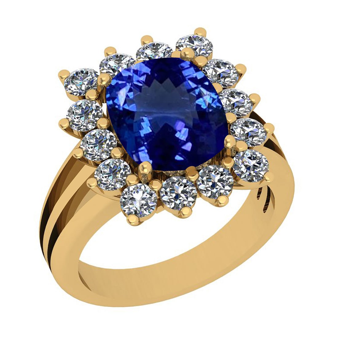 Certified 6.12 Ctw VS/SI1 Tanzanite And Diamond 14k Yellow Gold Anniversary: Center Approx Weight: 4.02 Ctw (Cushion Cut) Center Color: Tanzanite Center Stone Setting: Prong Side Stone 2.10 Ctw Side Stone Color: J-K Stone Clarity: VS/SI1 Stone Setting: Prong Metal Approx Weigh